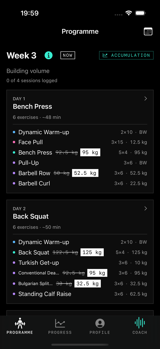 The Granite programme screen: week three, with the back squat rewritten from 122.5kg to 125kg and other lifts progressed.