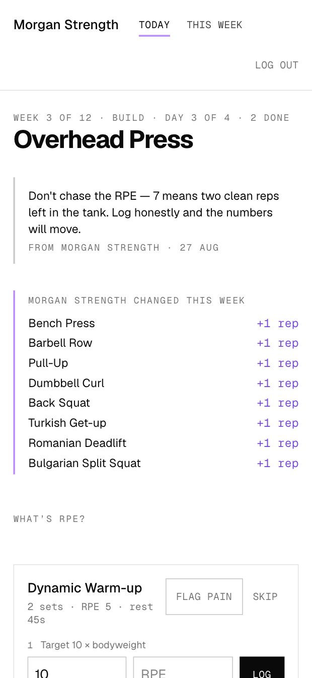A client's session on their phone under the coach's name: a note from the coach, each exercise with its sets, RPE and rest, and one set open to log.