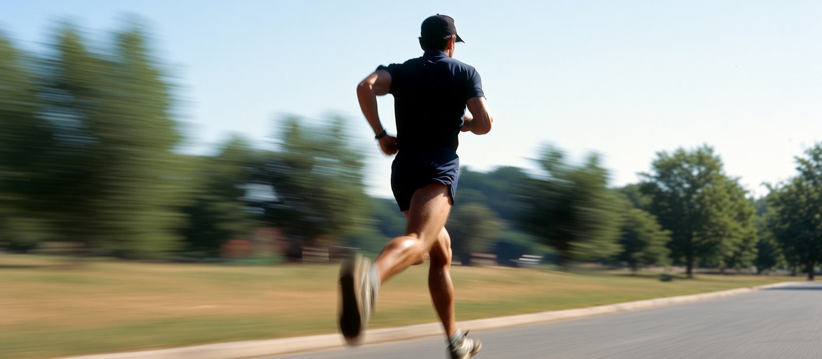 A runner on an open road, seen from behind at speed — back to sport.
